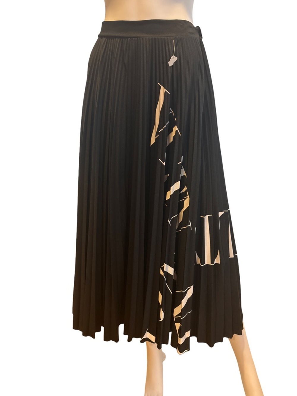 Valentino Black Midi Pleated Skirt with Beige Graphic Panels